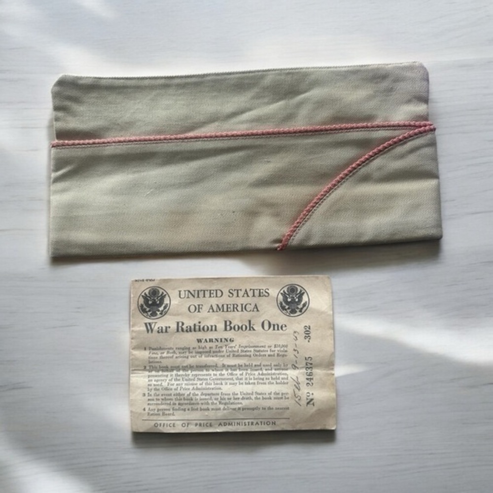 1940s WW2 OCCUPATION US ARMY ARTILLERY OVERSEAS CAP and War Ration Stamps